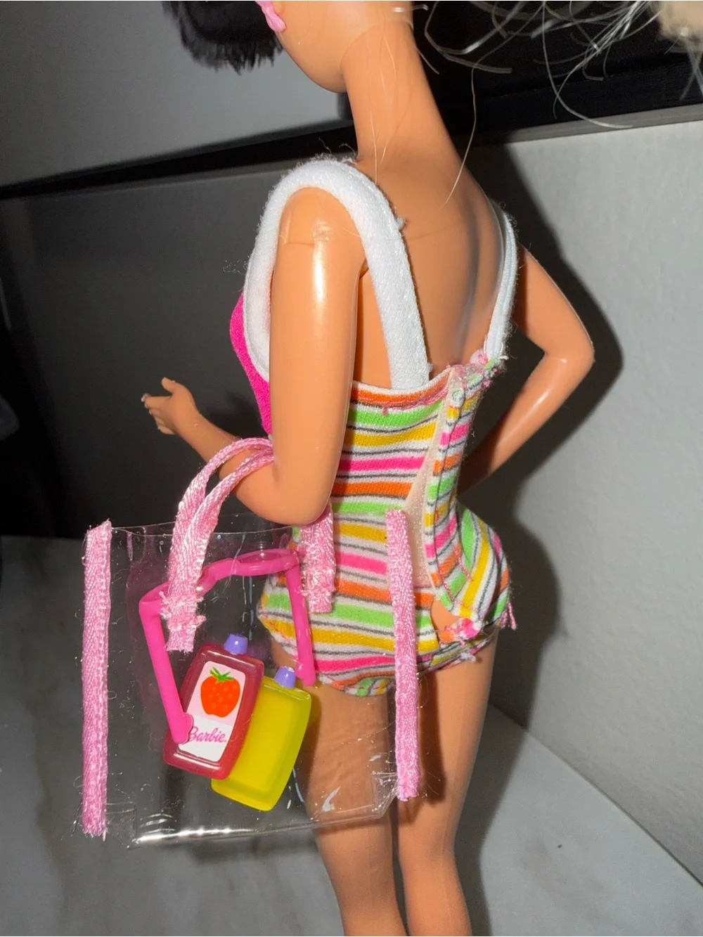 Barbie vintage neon swimsuit one piece with beach bag clear sun lotion & sunglas